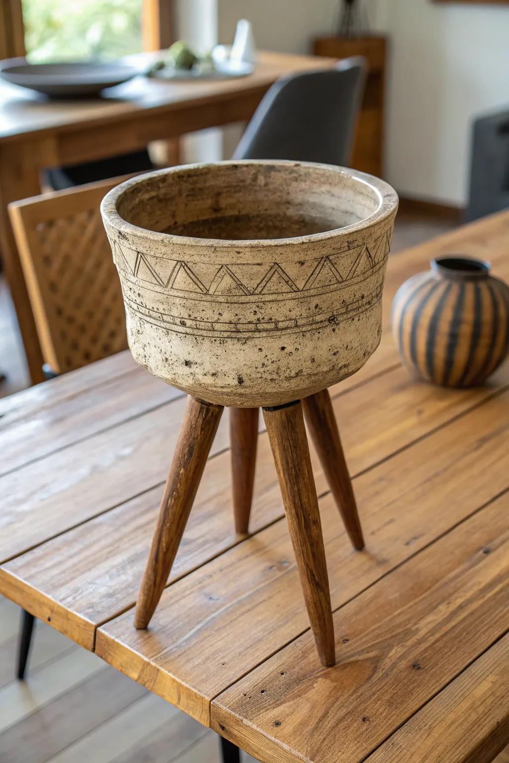 Components made by hand showcased in three-legged vessels underscore artisan charm.