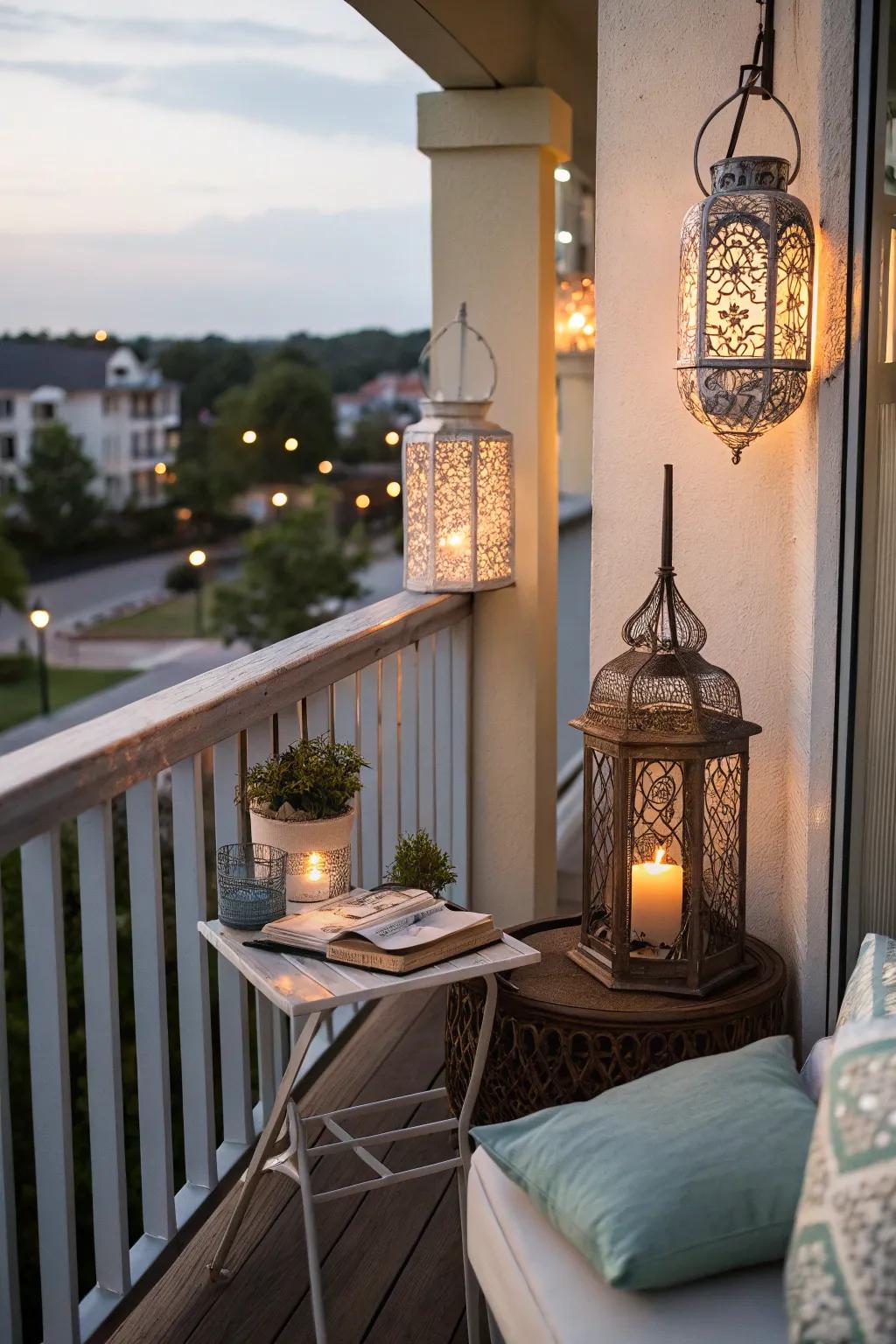 Beautify with lanterns and small surfaces for an enticing mood.