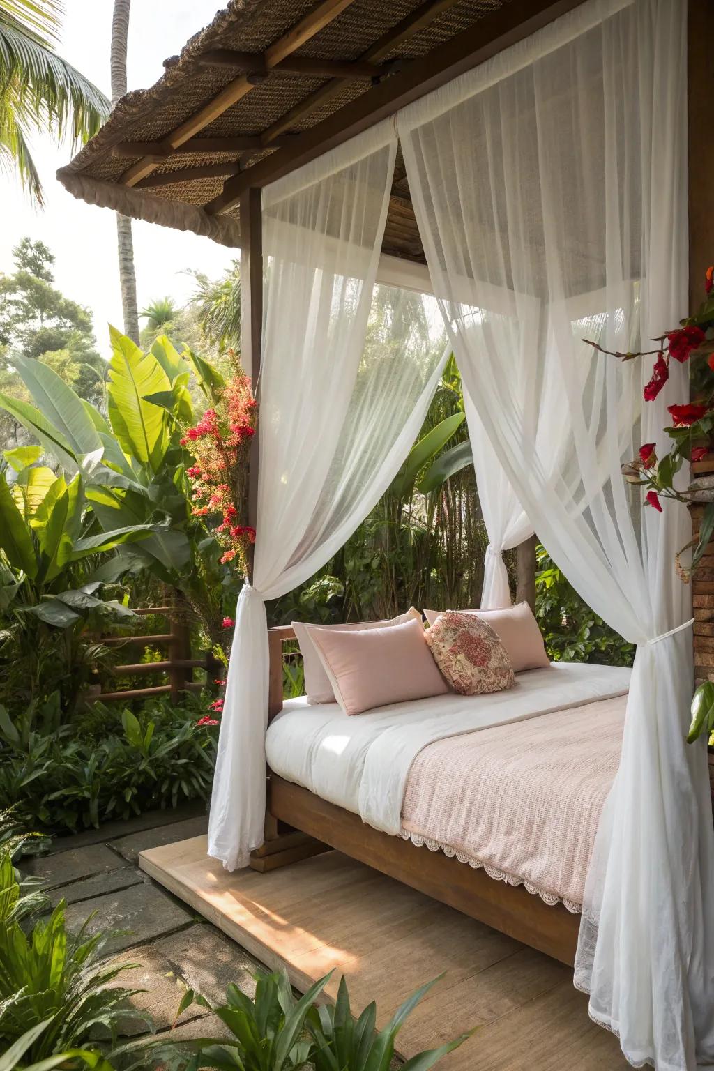 A canopy bed with sheer drapes adds an exotic and dreamy flair to your bedroom.