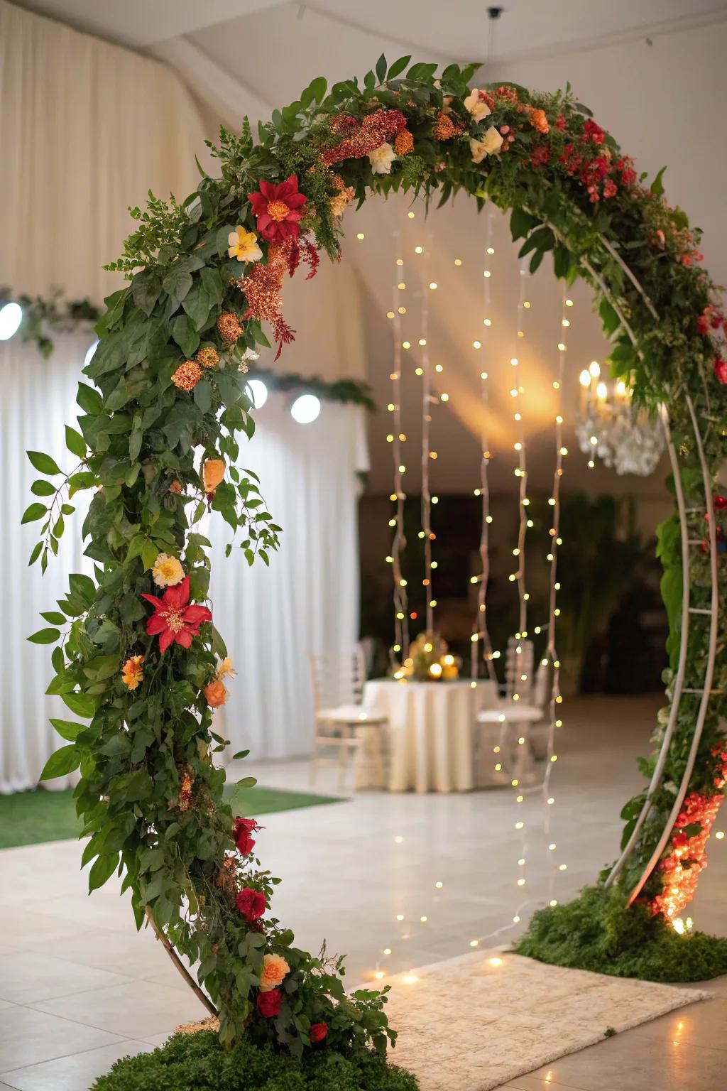 A round arch decorated with flowers and lights, symbolizing endless love.