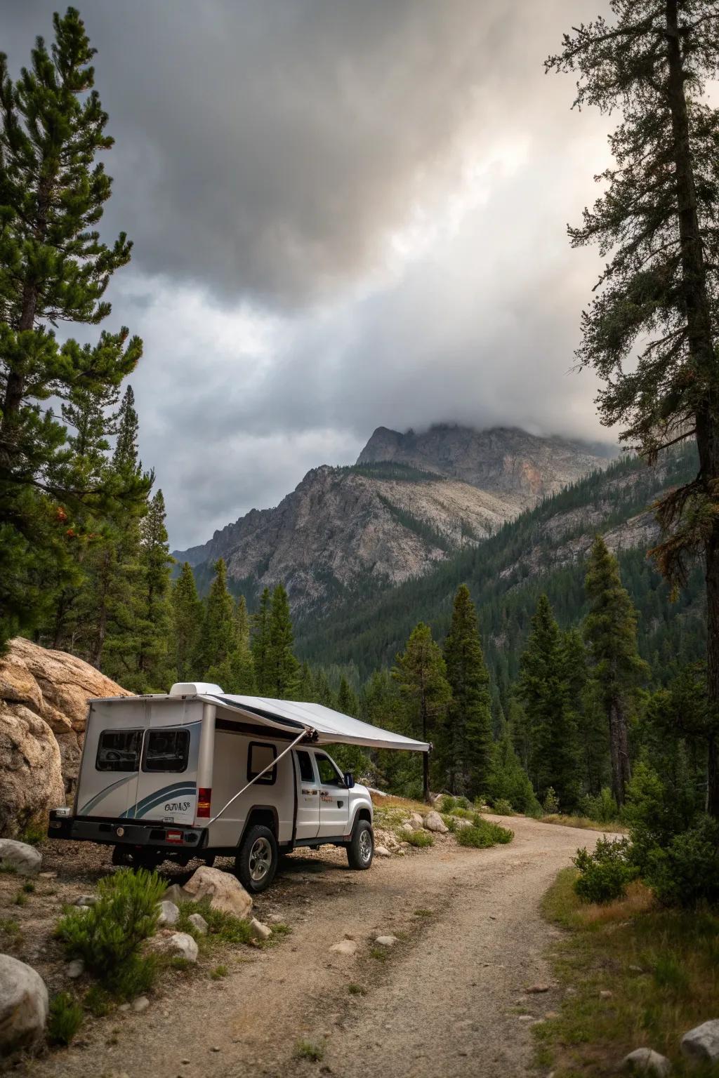 A daring setup featuring an awning in an off-road setting.
