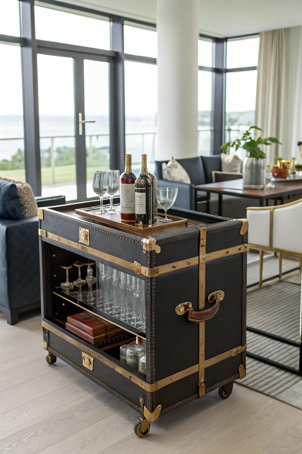 A vintage trunk turned bar cart adds a touch of sophistication to entertaining.