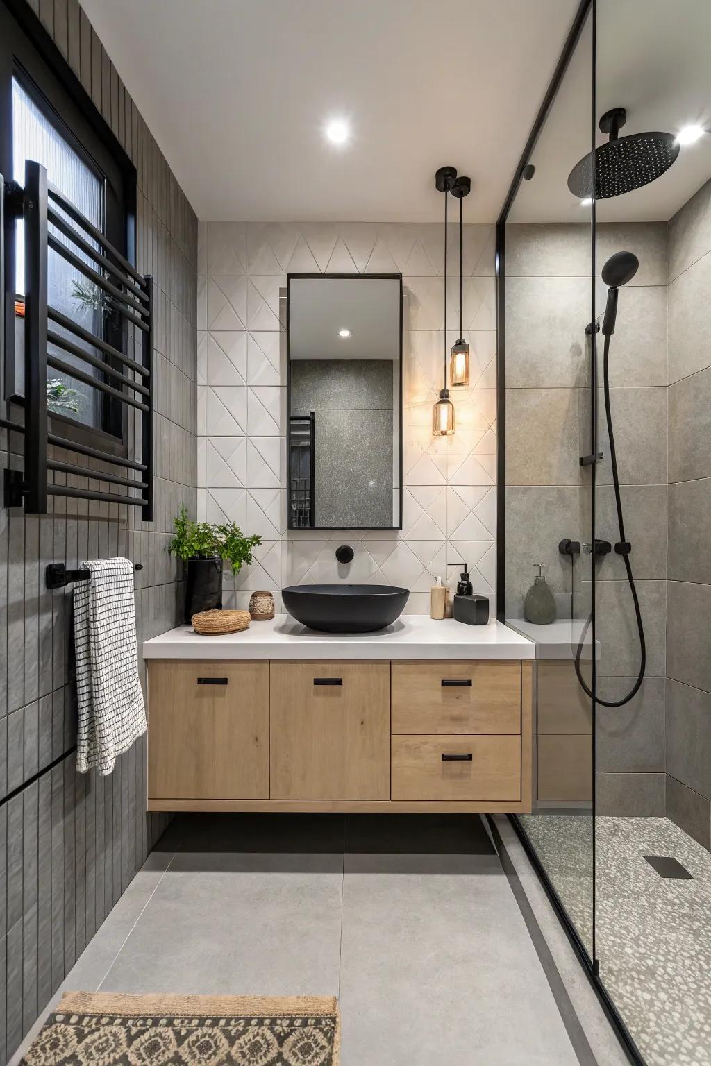 Contemporary fixtures in matte black inject sophistication into a sleek bathroom design.