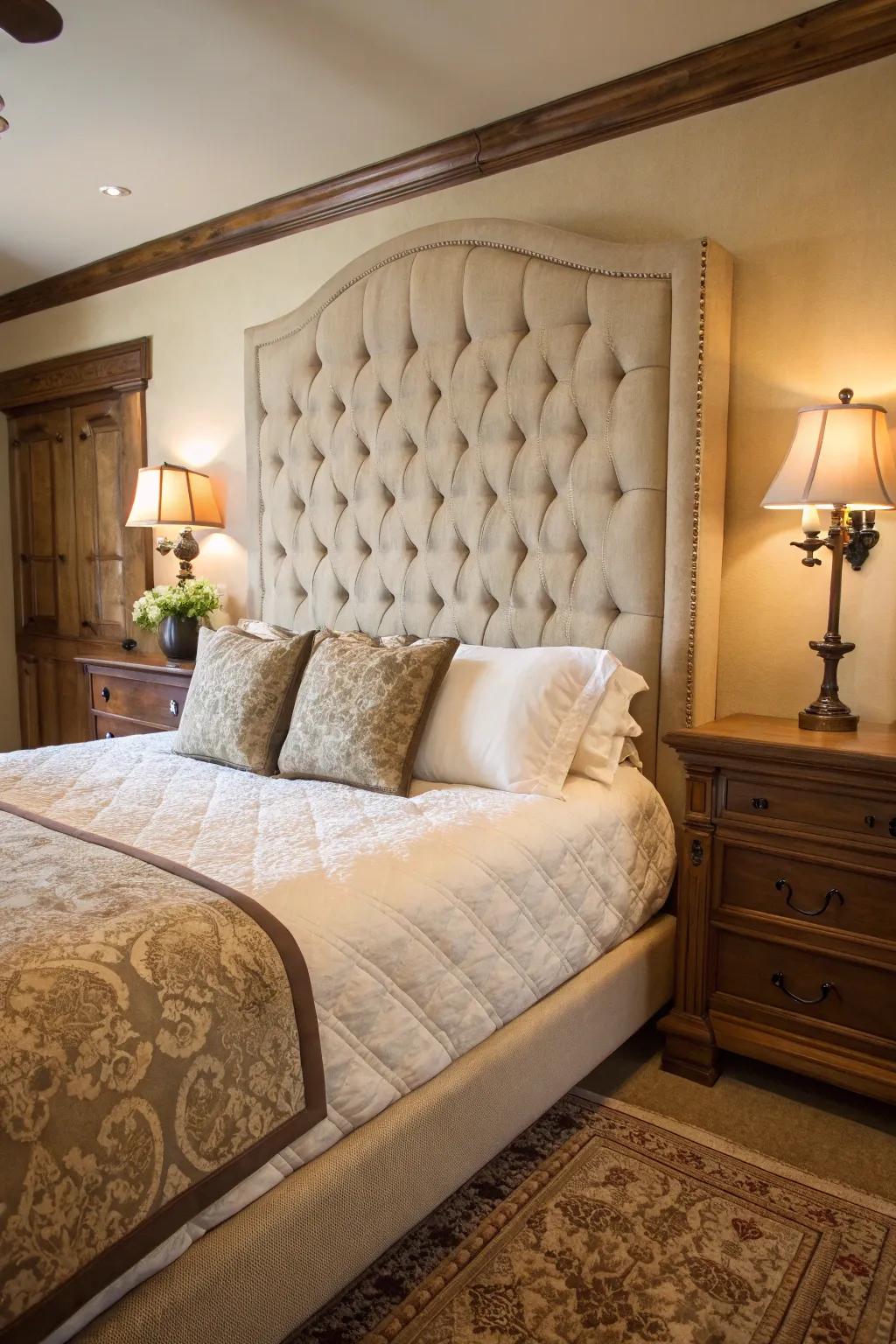 A classic bedroom accentuated by a button-tufted headboard.