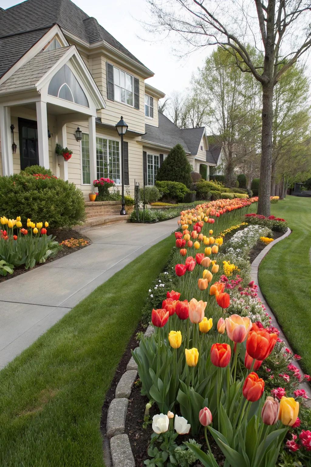 A home fa&ccedil;ade adorned with tulips, presenting an inviting and colorful welcome.