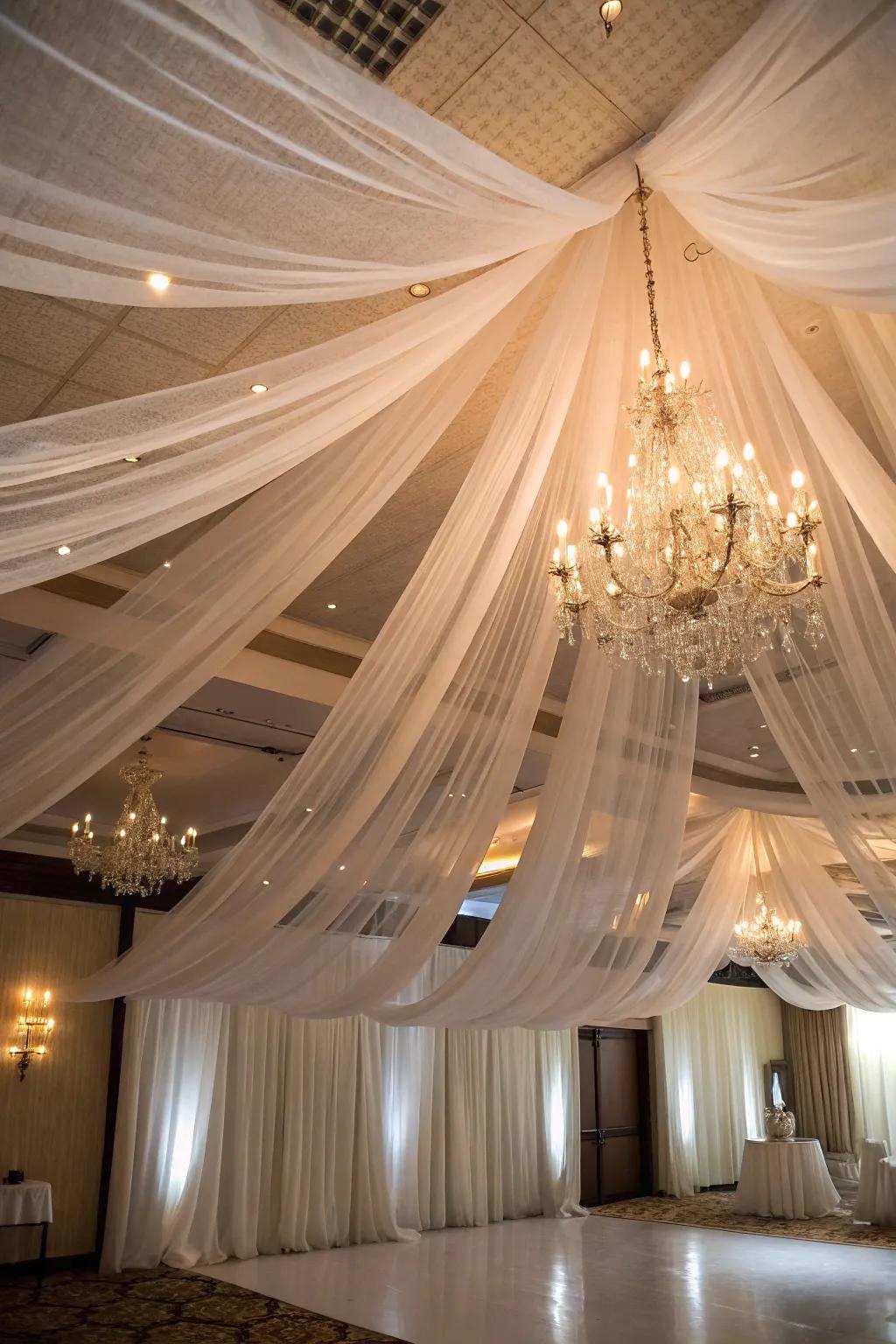 Conjure a magical setting with overhead ethereal fabric canopies.