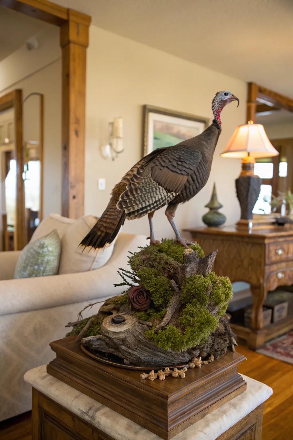 An artistic wild fowl presentation featuring natural components.