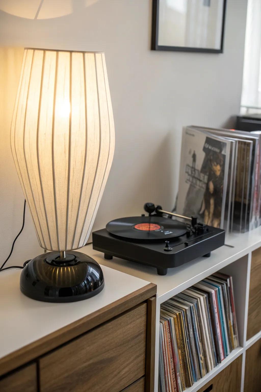 Simple light fixture complementing a contemporary record player.
