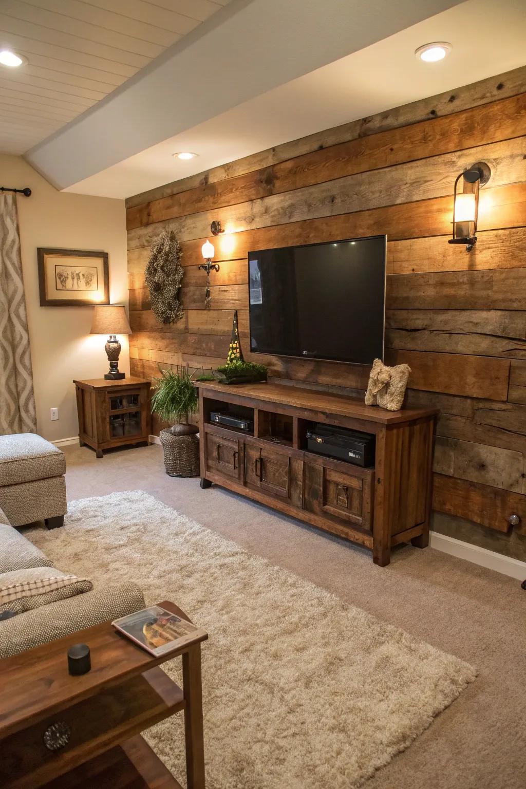 Reclaimed timber adds rustic charm to this TV feature wall, creating a warm and inviting atmosphere.