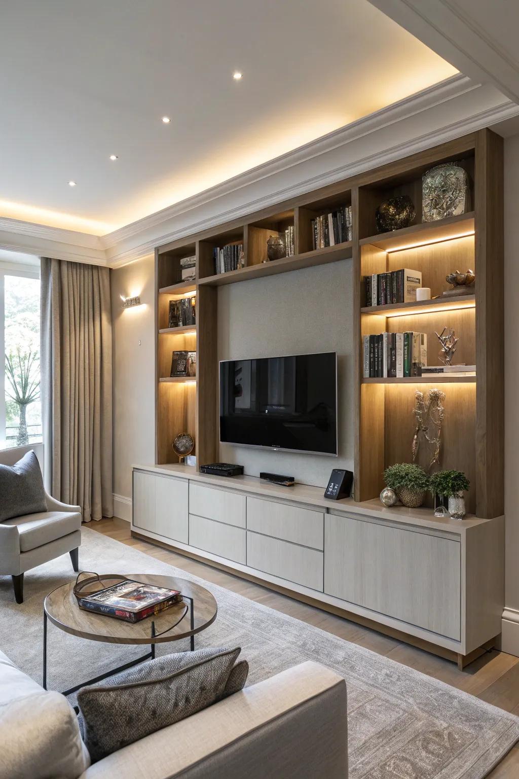 Bespoke custom woodwork incorporates TV and storage effortlessly.