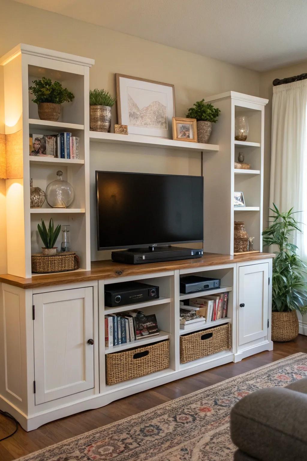 A great mix of open and closed storage for an orderly TV area.