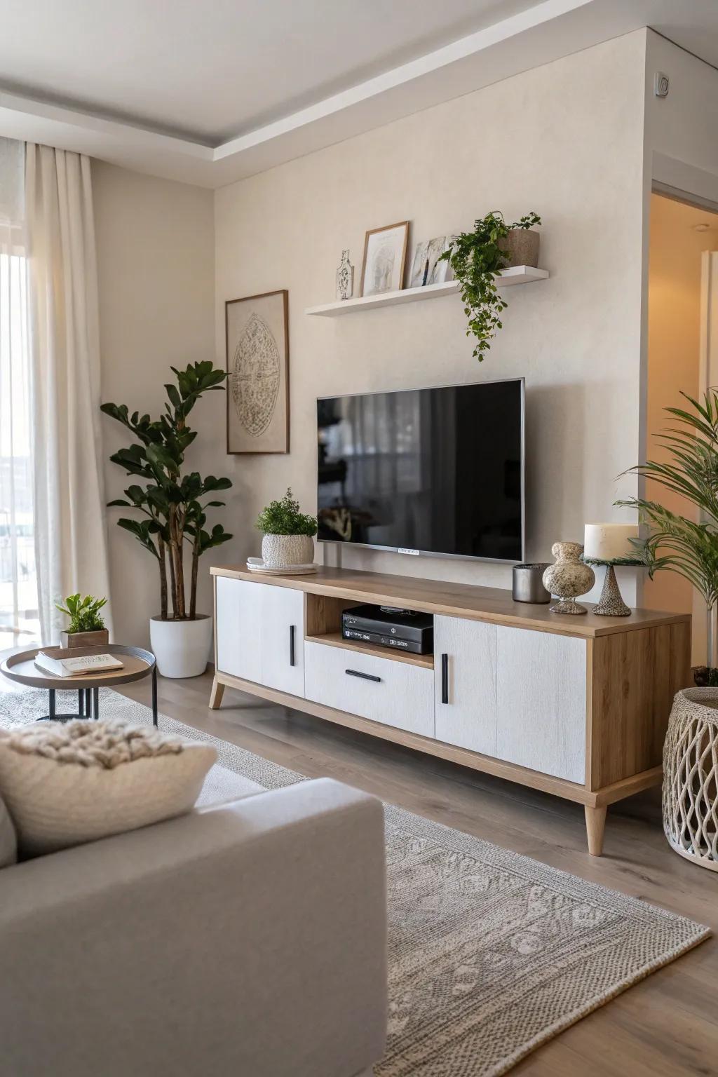 Soft colors provide a calm and timeless setting for the TV space.