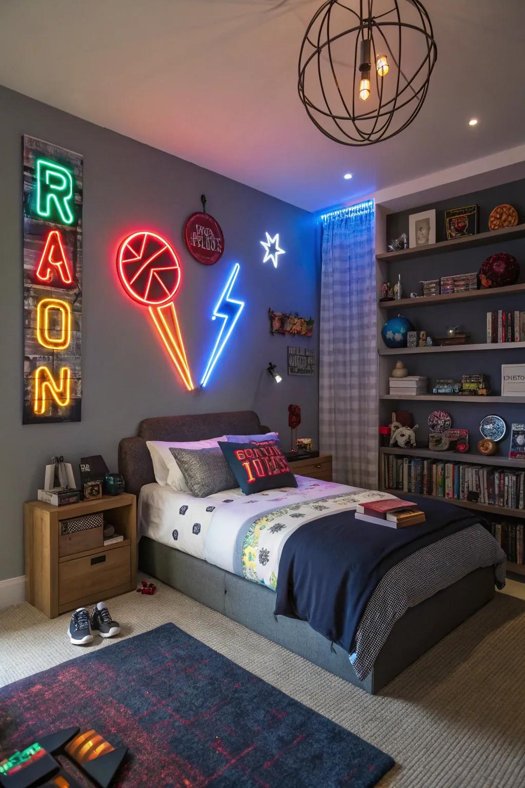 Creative lighting with neon signs in a tween boy’s bedroom.