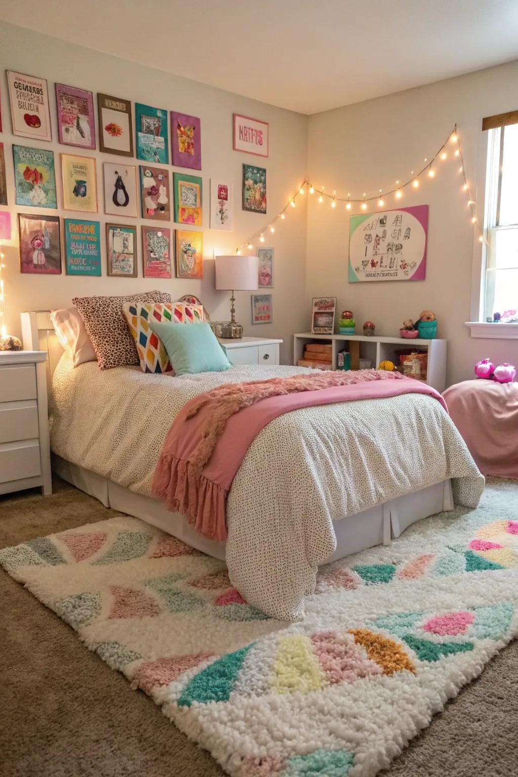 Warm textures with plush rugs and comfortable coverings.