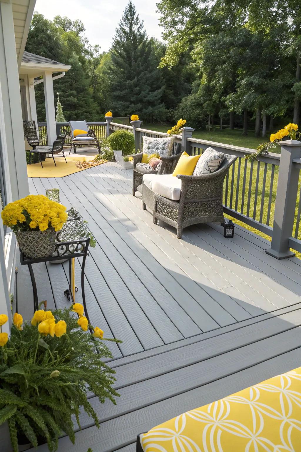 Bright yellow and soft gray create a warm and inviting outdoor area.