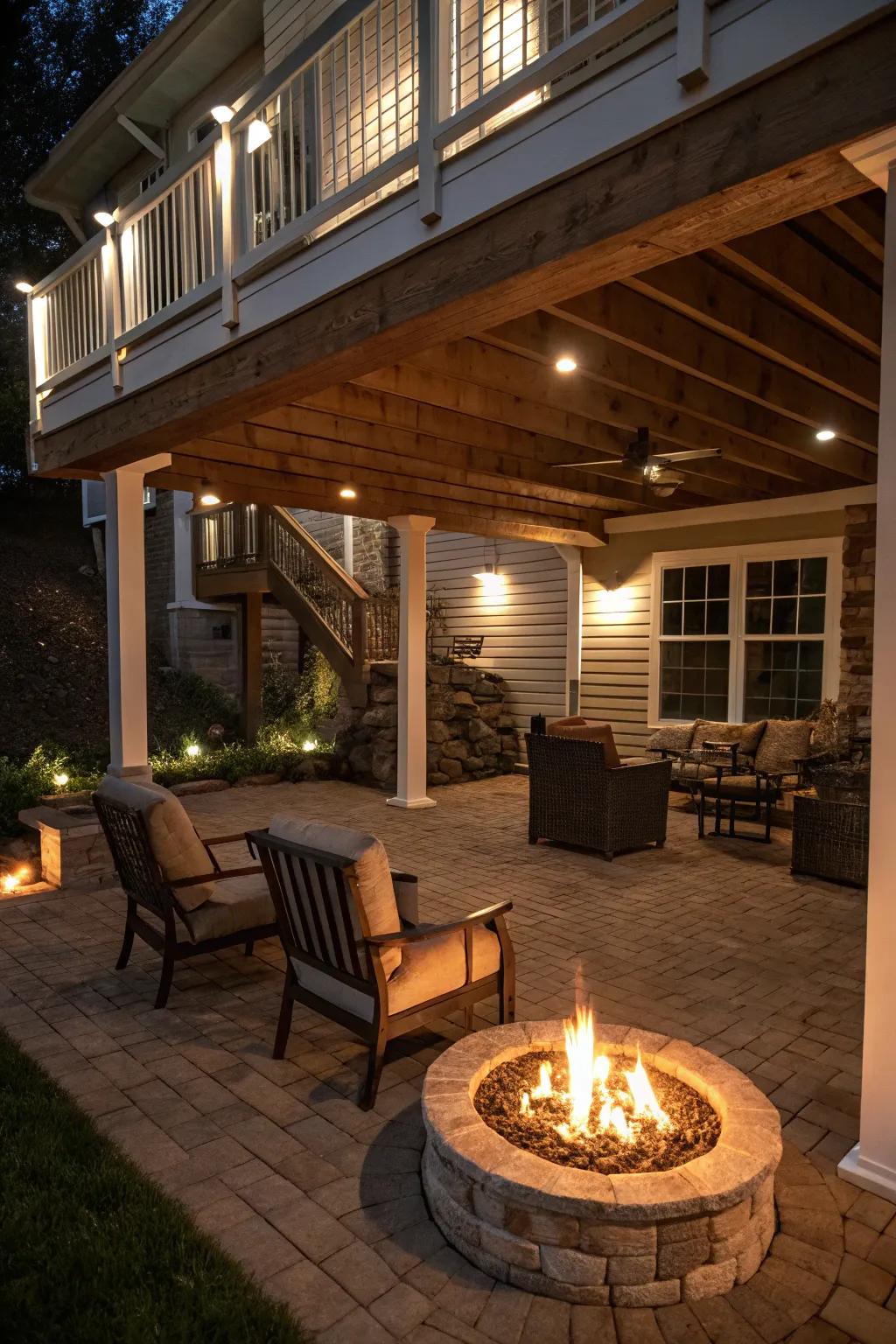A cozy under-deck area featuring a central fire feature and inviting seating.