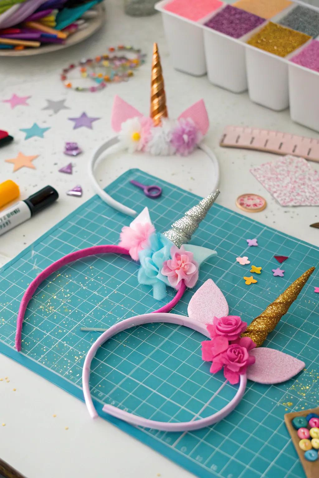 Do-it-yourself unicorn crowns poised for attendees to wear.