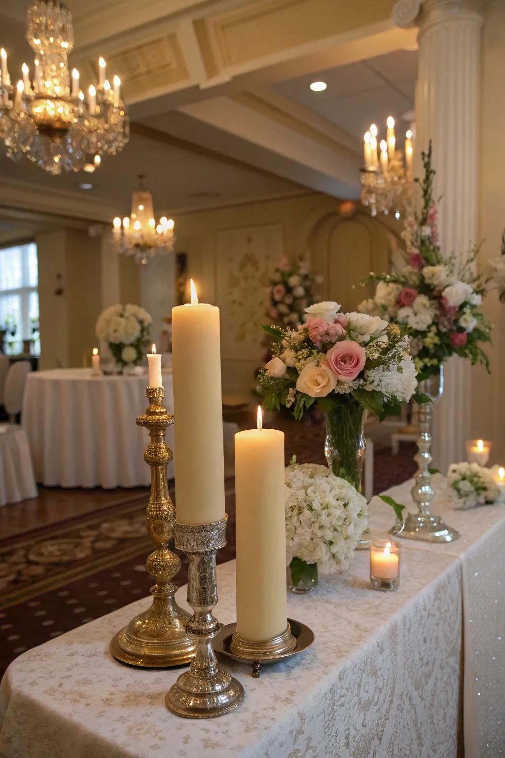 Elevated upright candles symbolize oneness and unity on this stylish station.