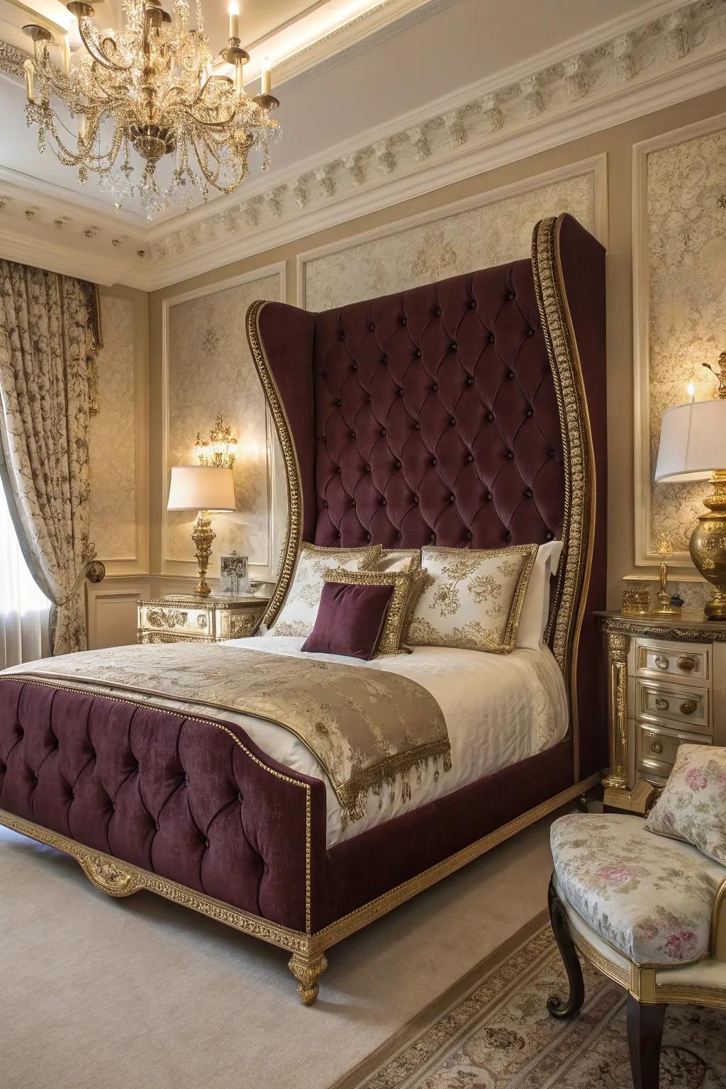 A wingback headboard brings a dose of drama to this stylish space.