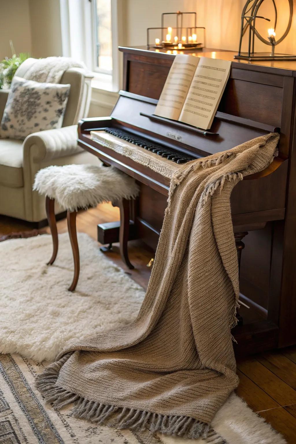 A laid-back arrangement with an upright piano, a cozy throw, and a faux fur rug.