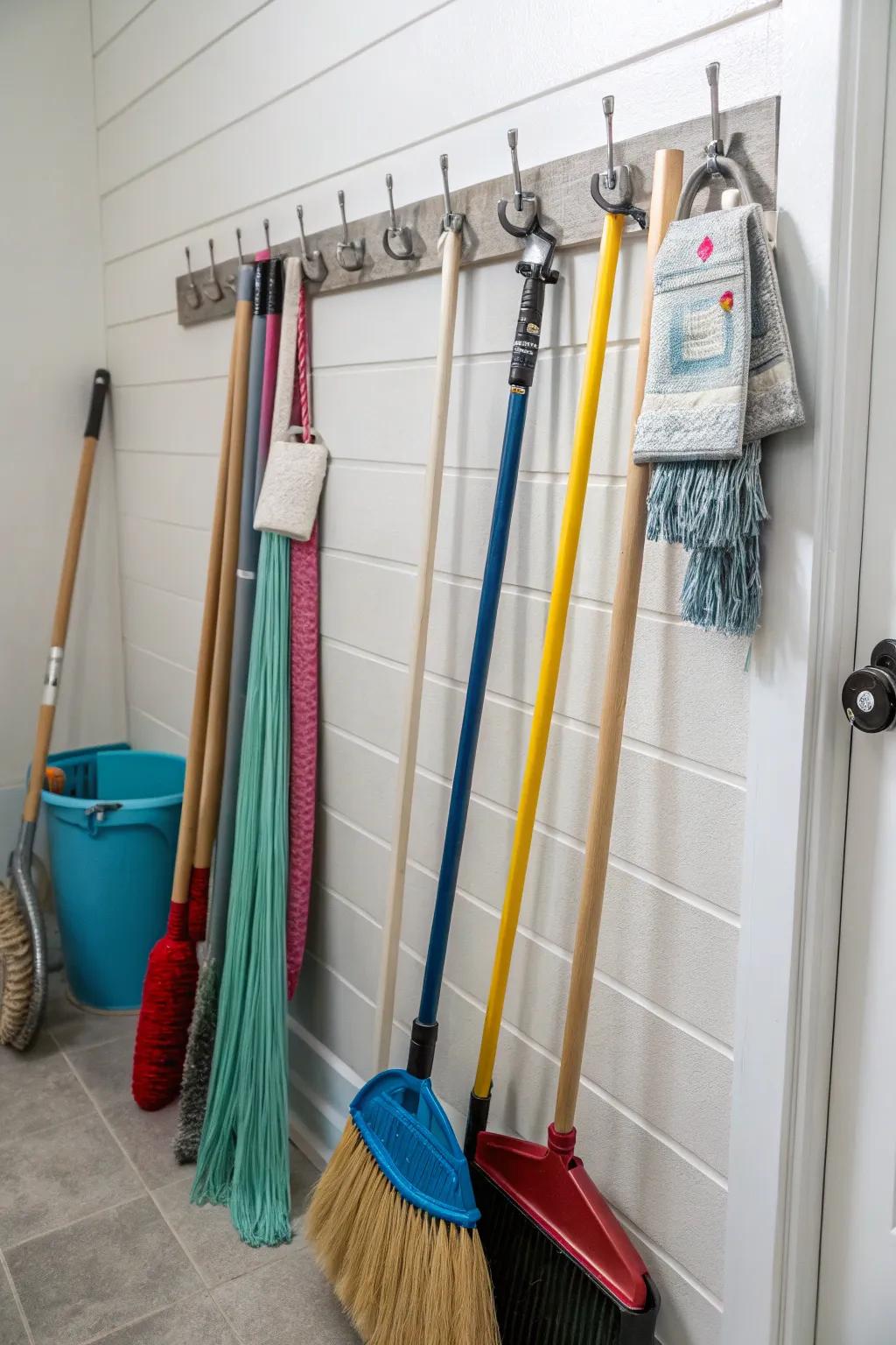 Hooks are a handy way to store cleaning tools with long handles.