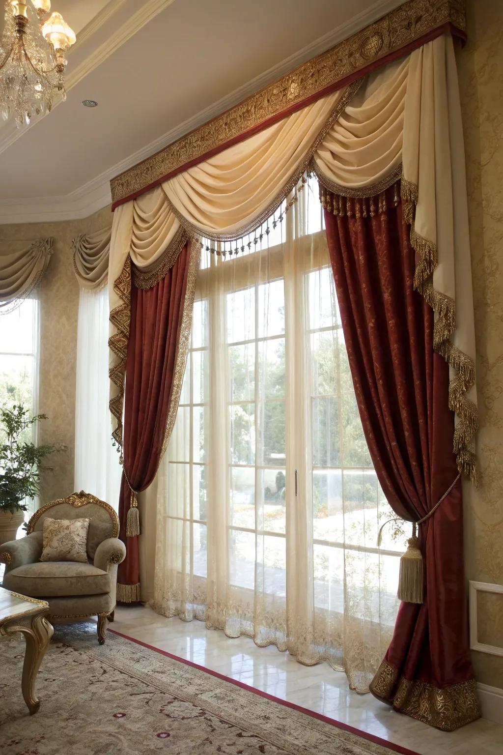 A window showcasing layered velvet and silk treatment in an elegant gathering space.