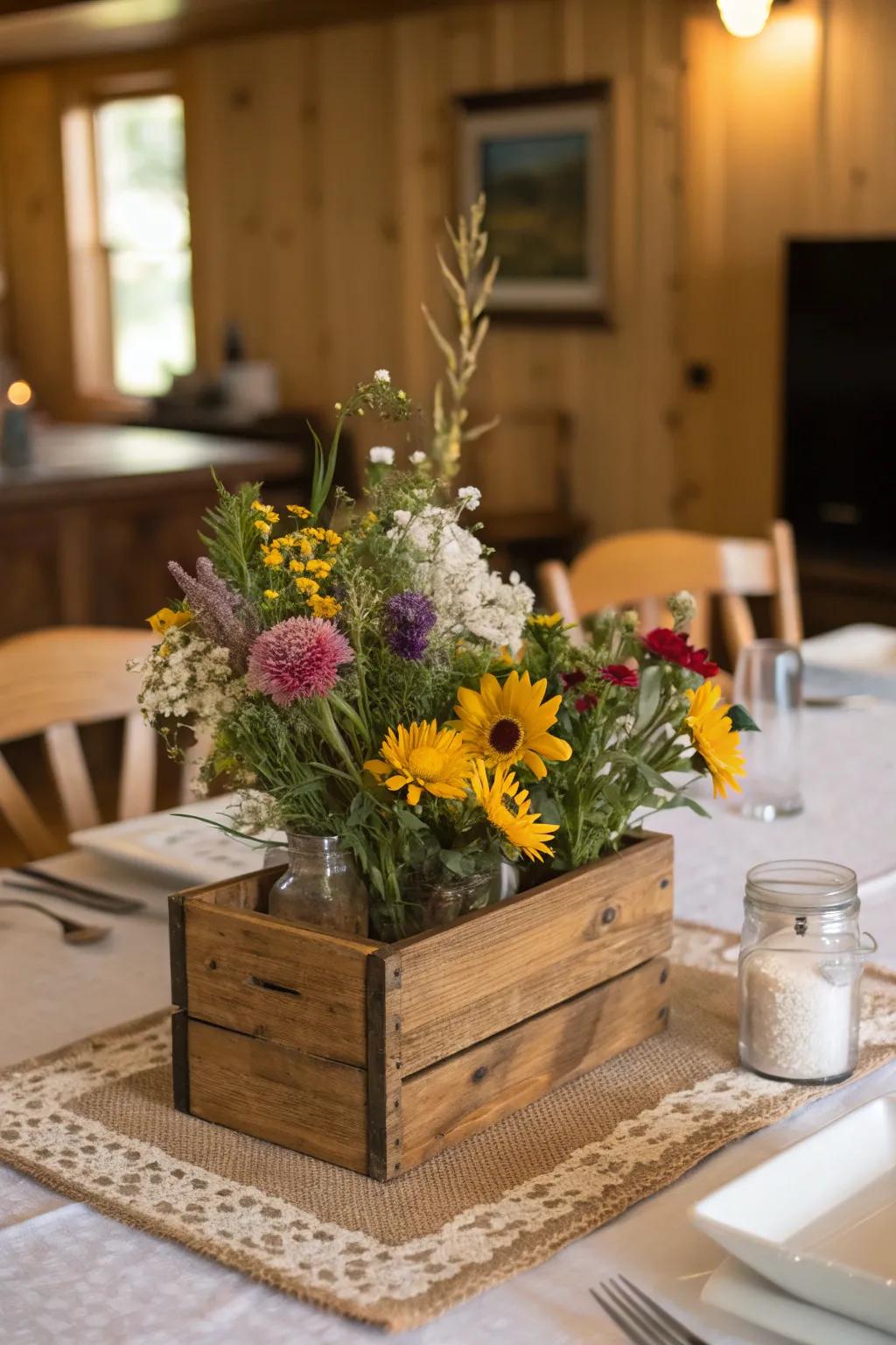 Wildflowers and wood entwine to emanate a welcoming, rustic charm.