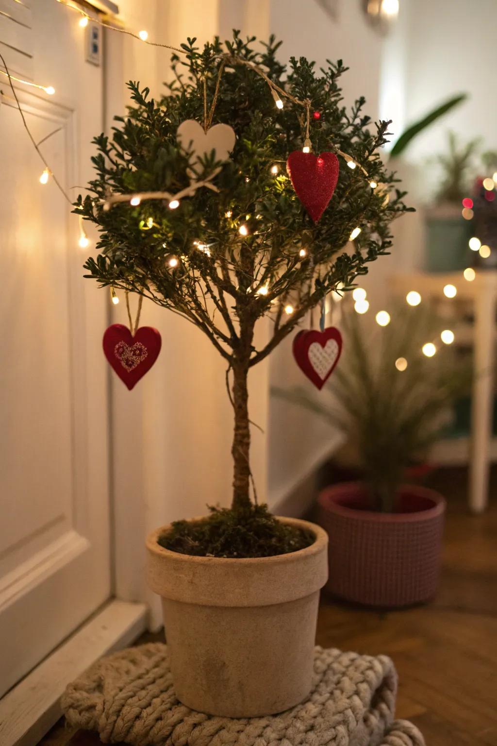 Valentine's Day arbor adorned with heart ornaments