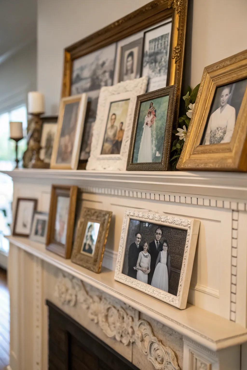 A personal touch with framed photos on the mantel.
