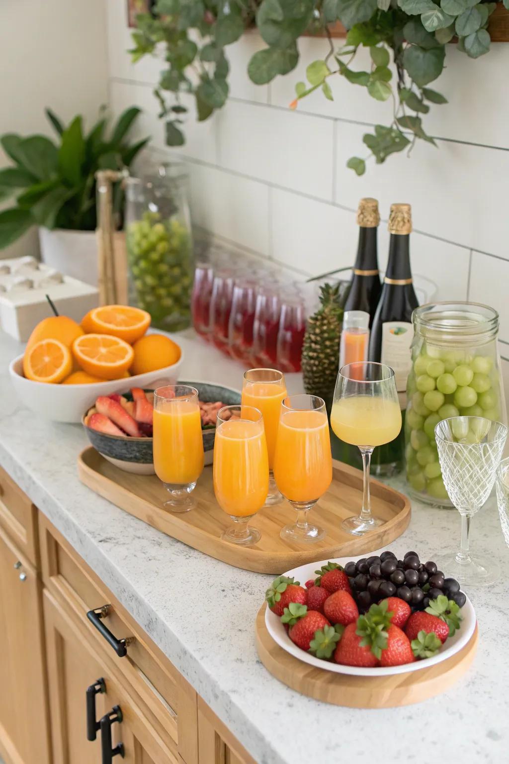 A fun and interactive mimosa bar with a selection of juices and fruits.