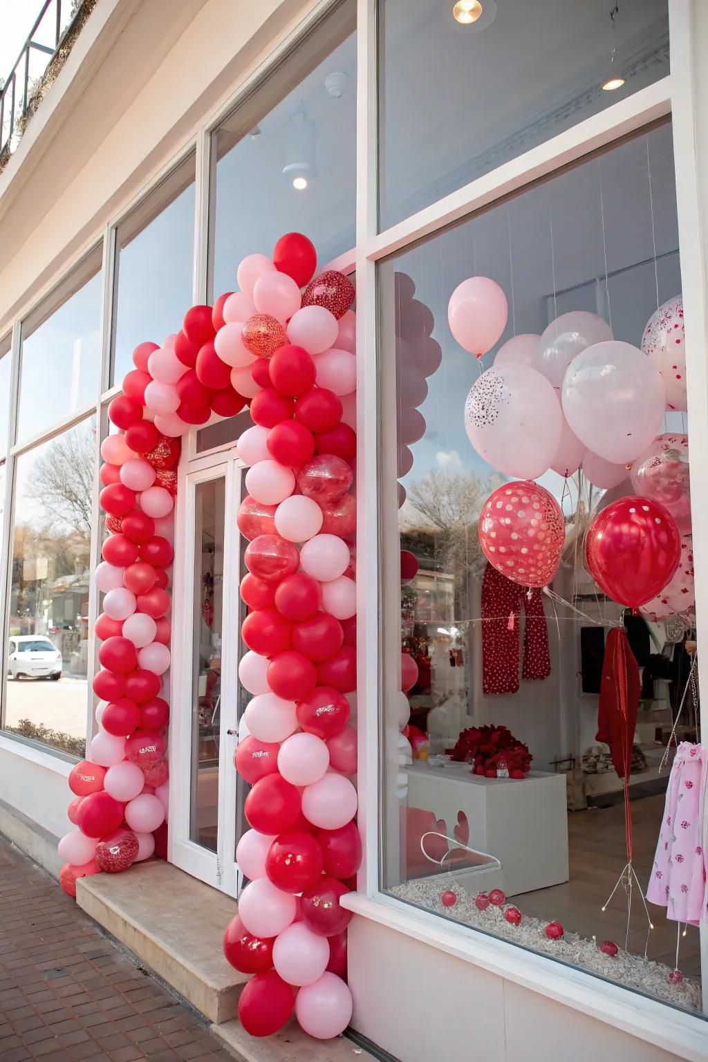 A lively balloon display adding playful charm to a Valentine's Day store showcase.