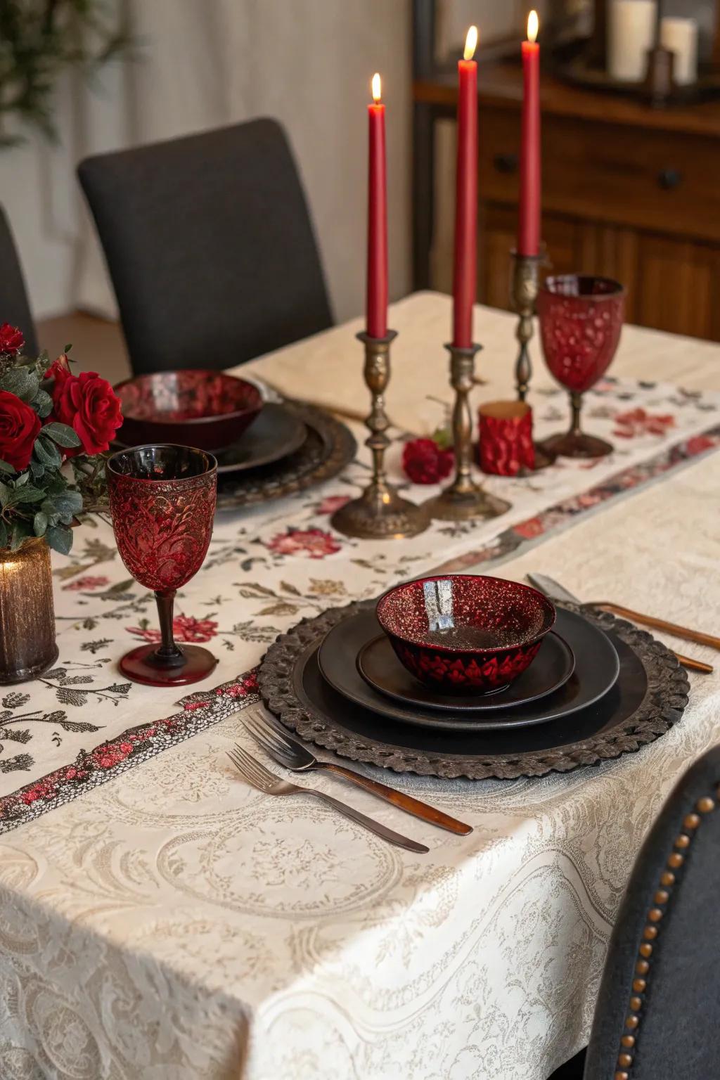 Victorian table settings enhance your vampire feast experience.