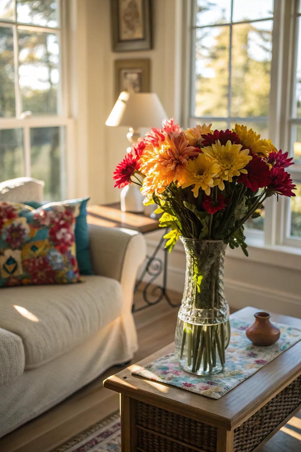 Vibrant faux flowers bring a sense of joy to any room.