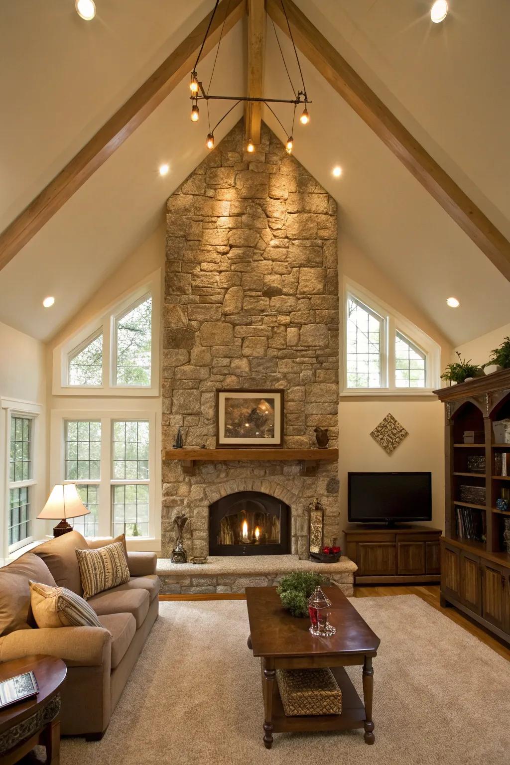 A family room showcasing a vaulted ceiling and a stone fireplace integrated as a key element of the accent wall