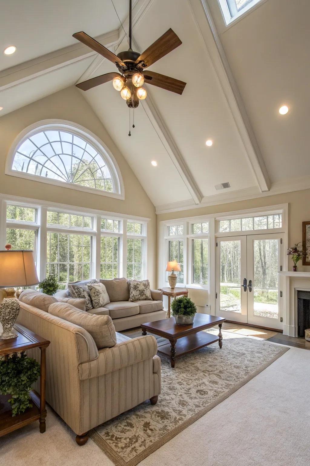 Ceiling fans with lights provide a practical yet stylish solution.