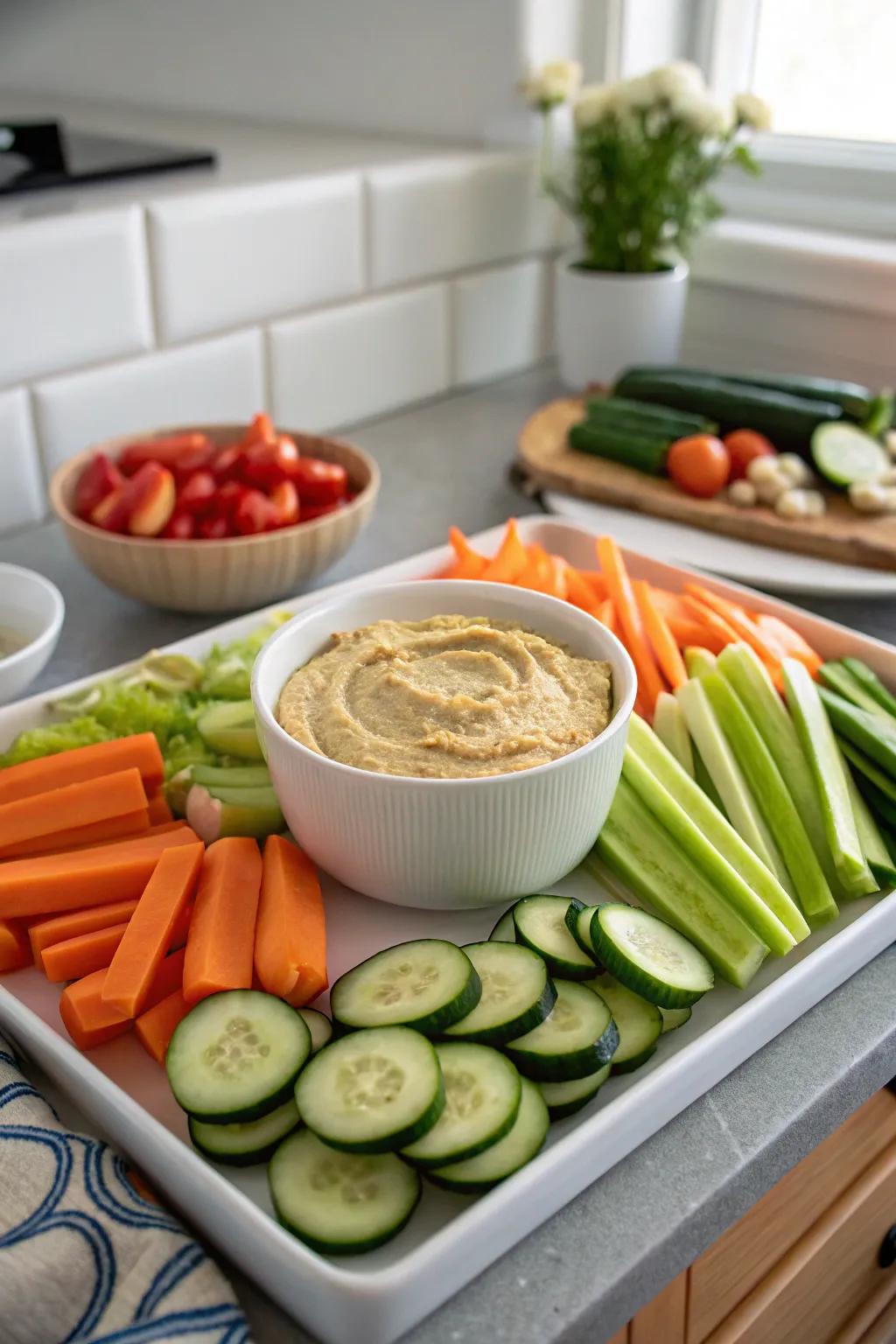 Vegetable tray with a central dip for easy access.