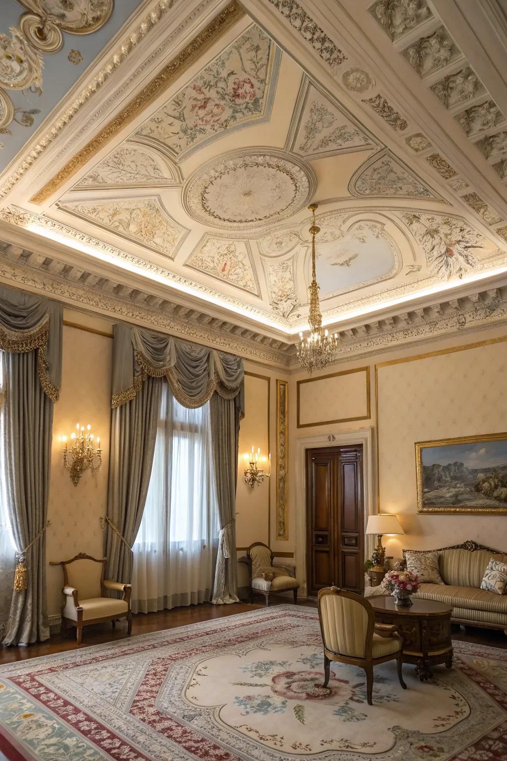A decorative ceiling that injects elegance and visual interest.