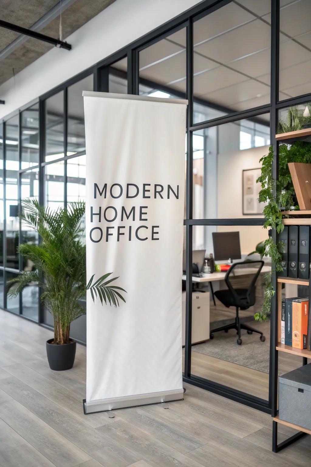 Powerful typography on a vertical banner creates an impressive effect in a home office.