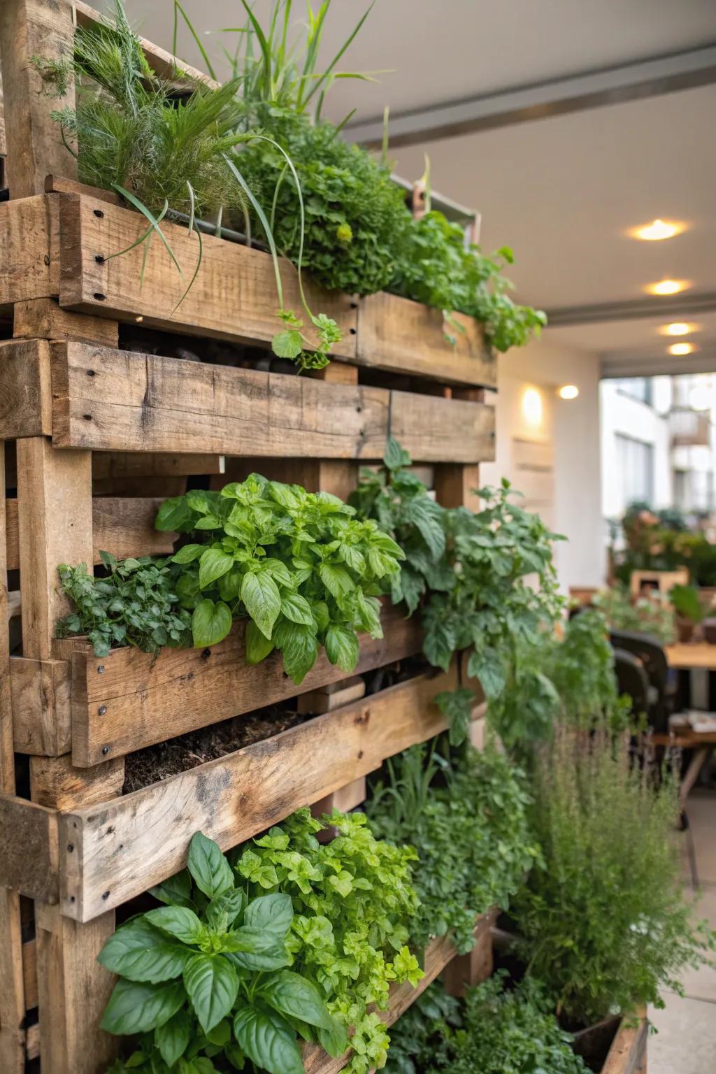 A homemade pallet garden flourishes with various culinary herbs.