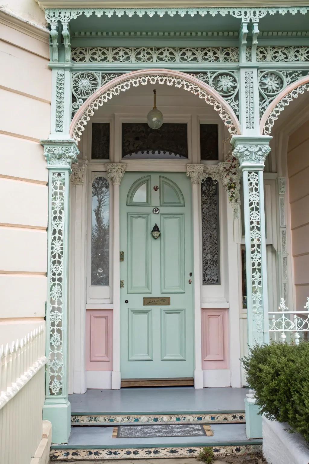 Muted pastels complement the intricate minutiae of this Victorian door.