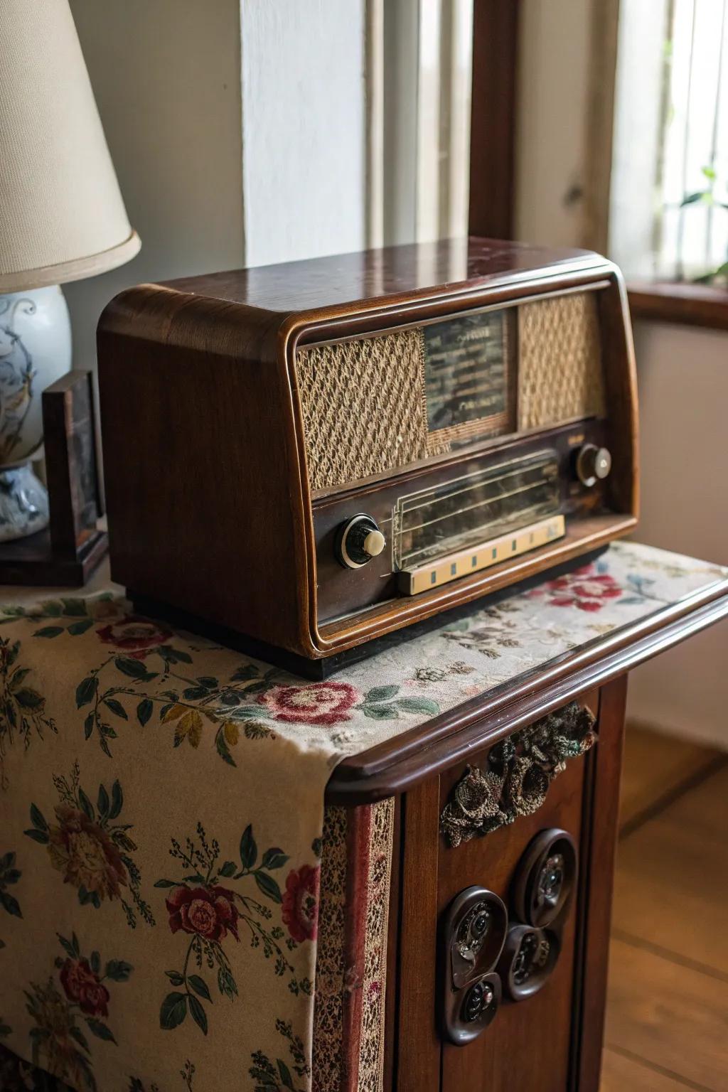 An old-fashioned radio sitting on a vintage side table, adding character.