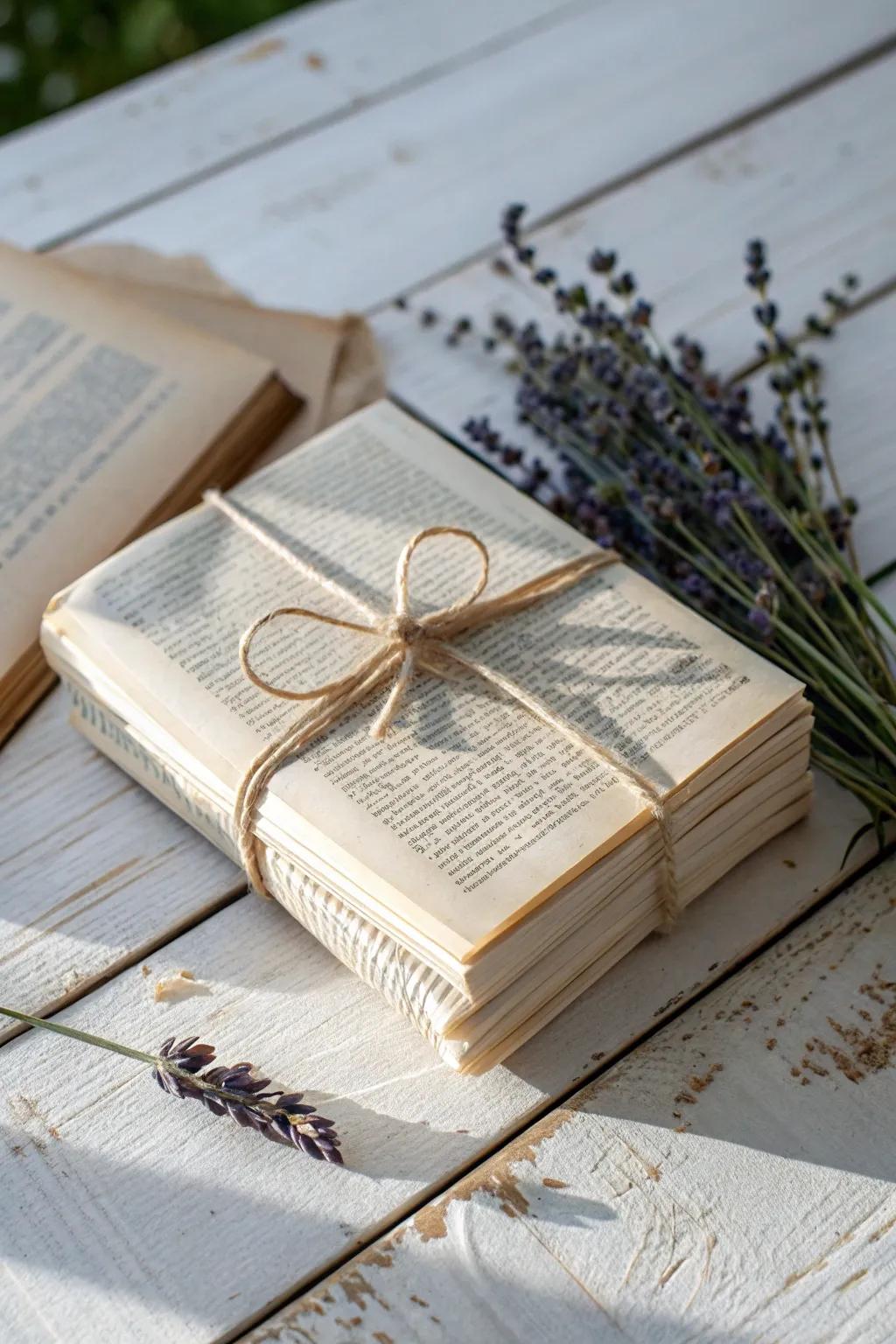 Encase your gifts in tales of yore; a literary embellishment with vintage script sheets.