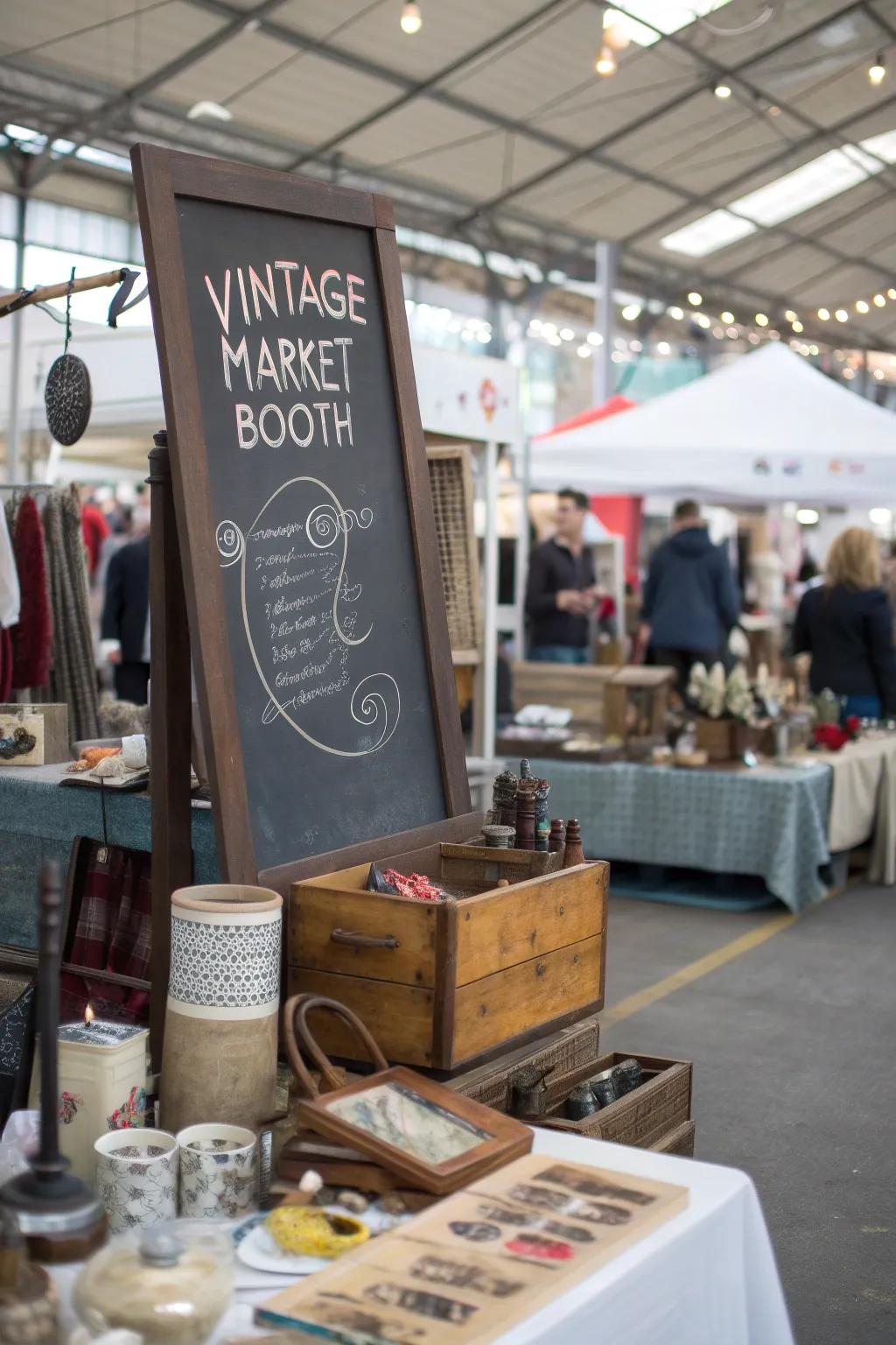 Slate board signage contributes a personal detail to stall exhibits.
