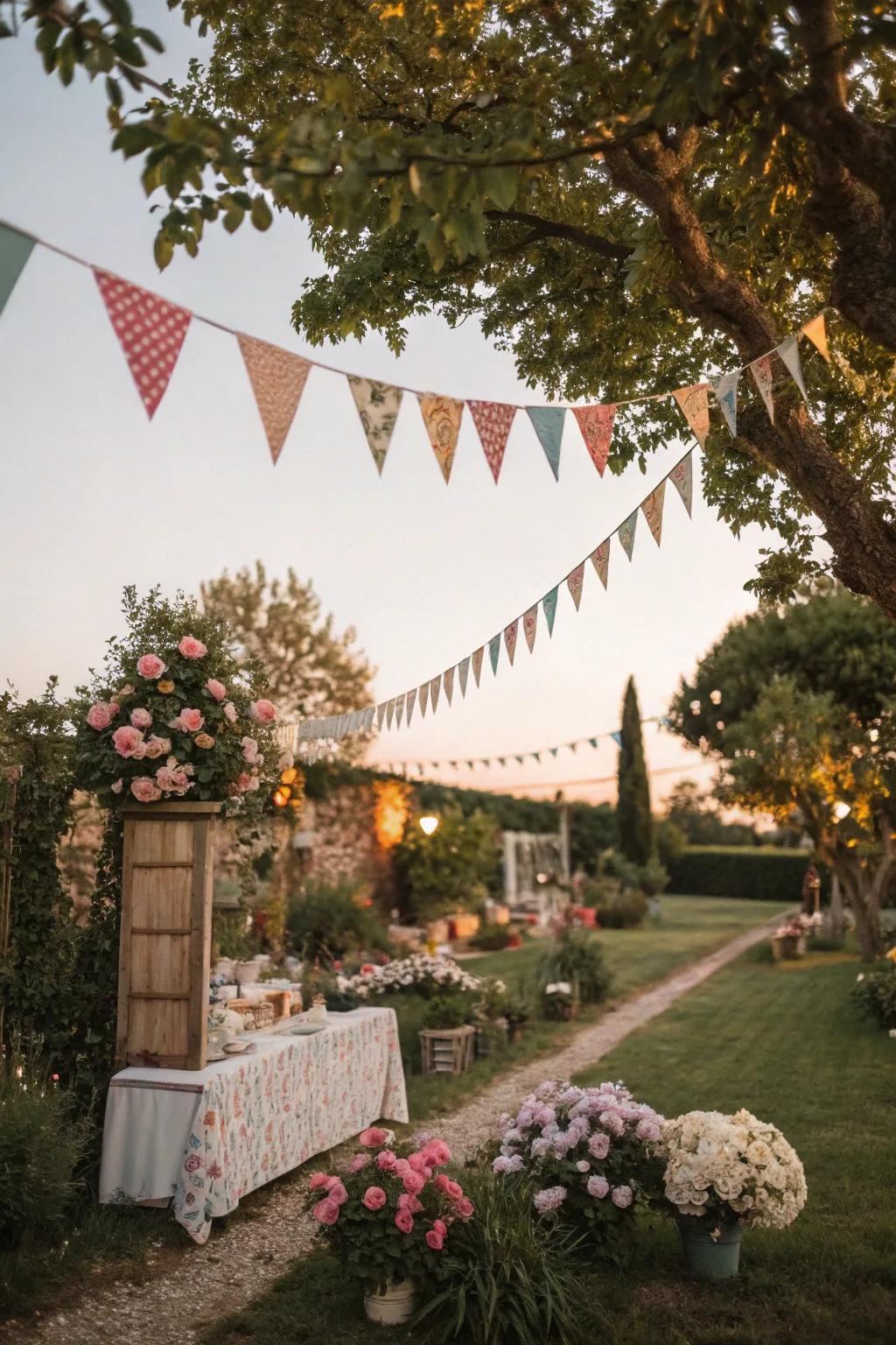Colorful flags bring playfulness to a retro garden party.