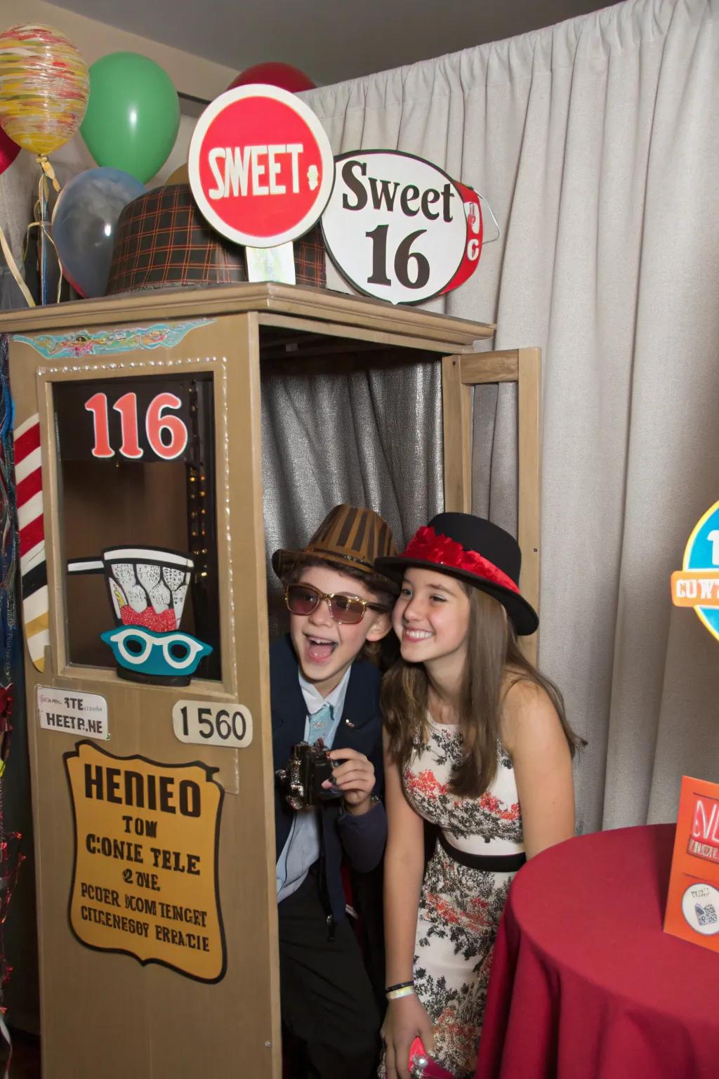 Attendees reveling in a nostalgic picture corner using retro props.