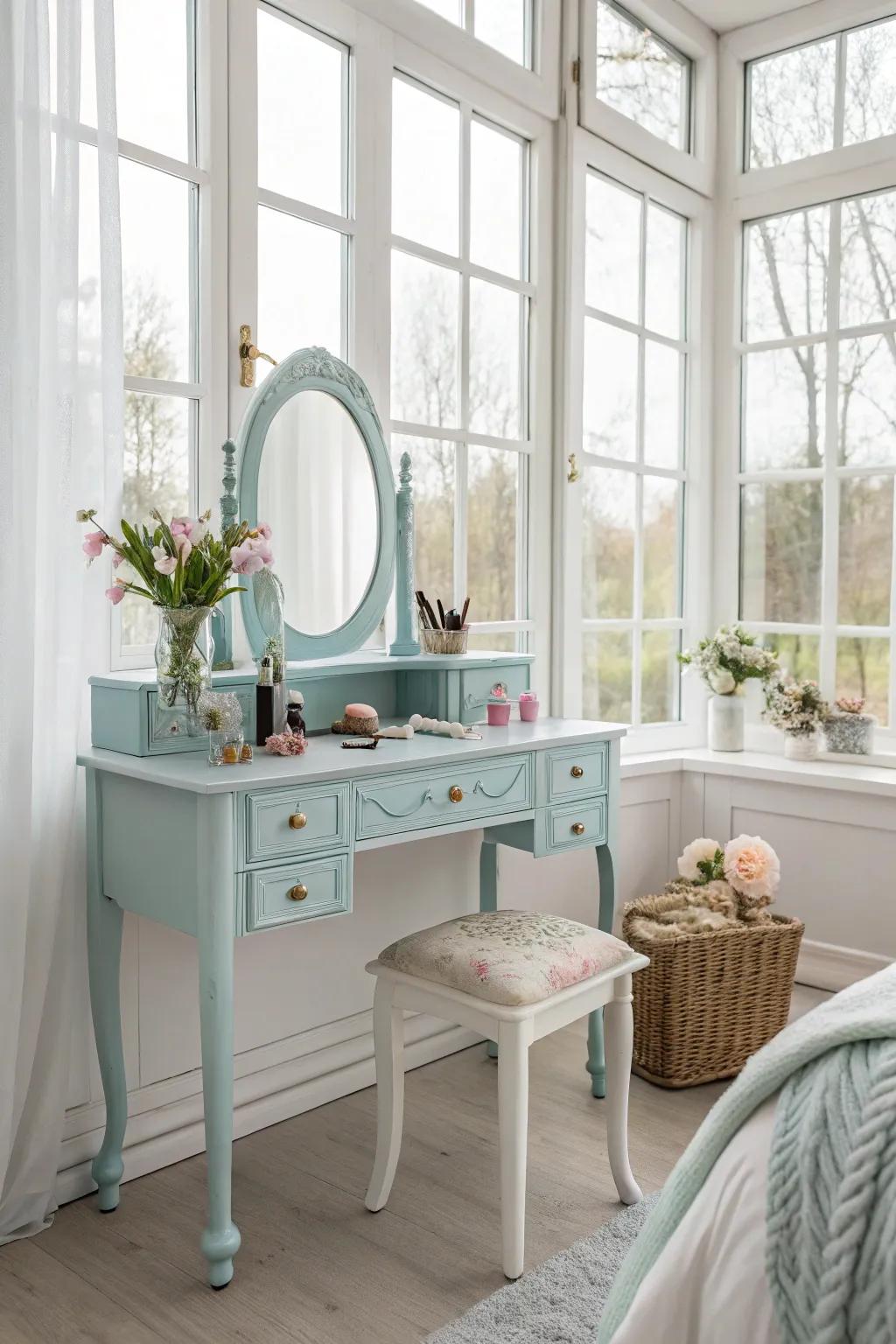 Faded palettes conjure a tranquil and elegant vintage vanity setting.