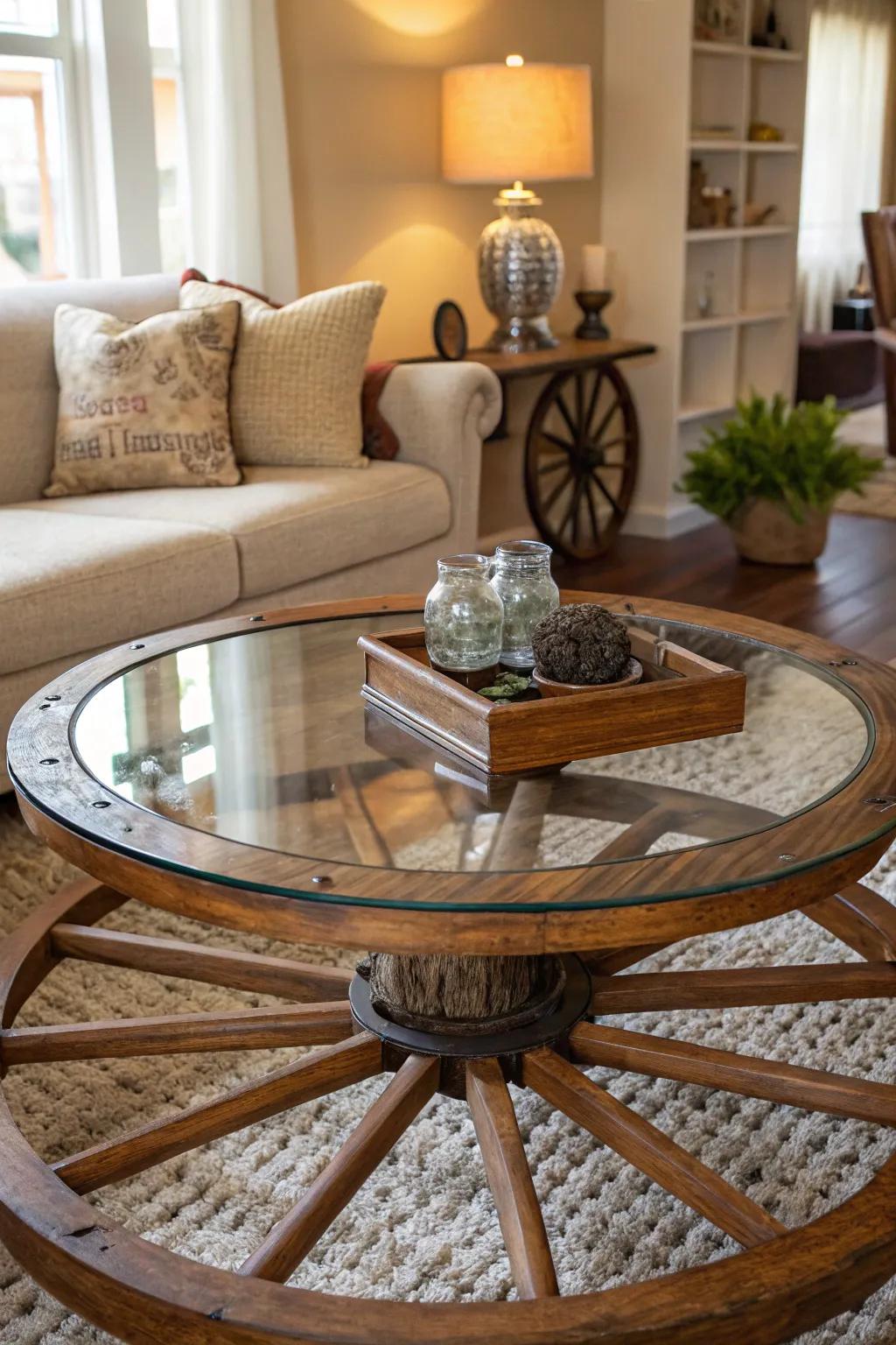 A carriage wheel supporting a glass overlay, fashioned into a remarkable table.