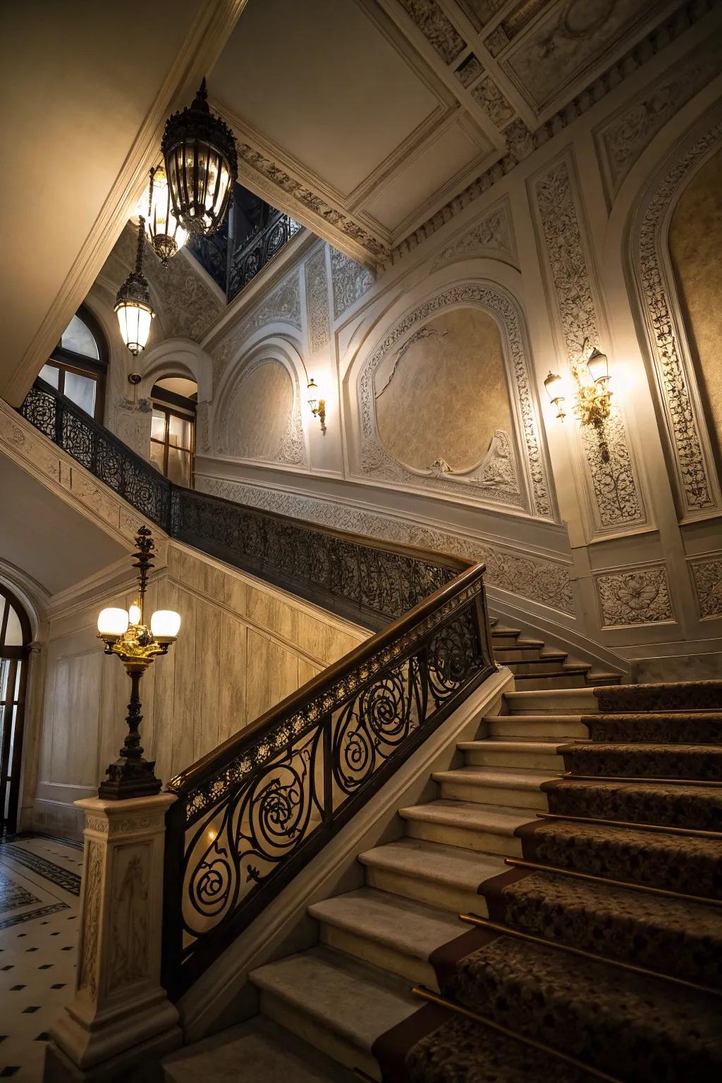 A striking staircase enhanced by wainscoting.