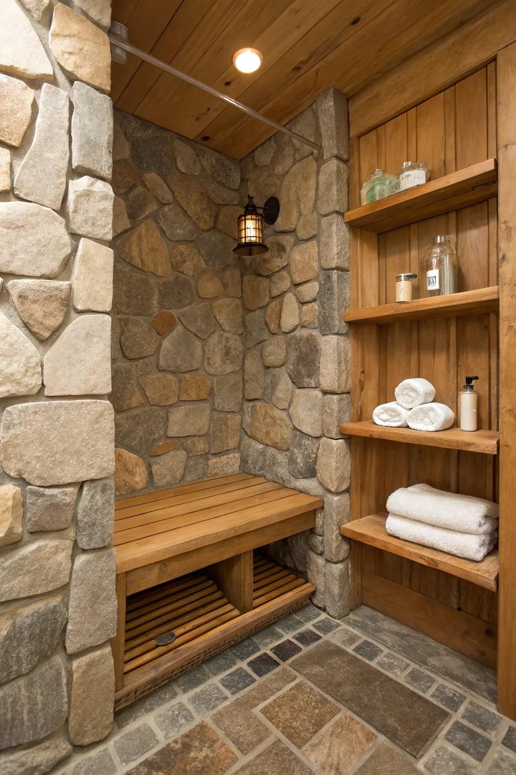 Rock washroom exhibiting a wood chair and racks.
