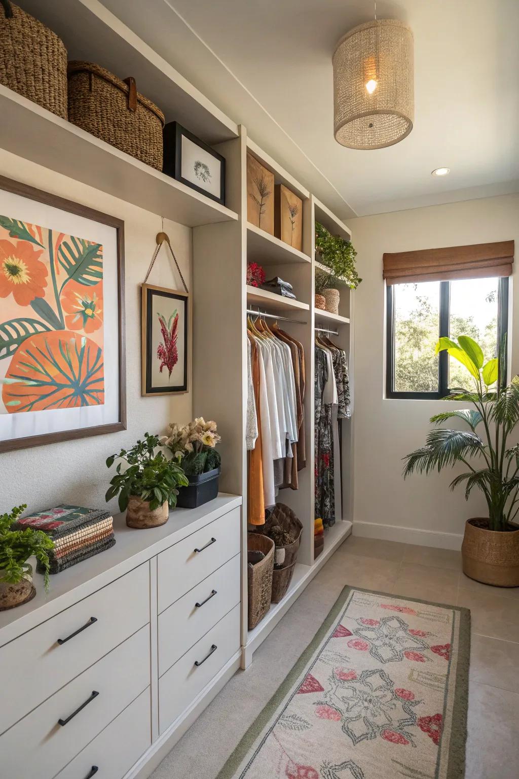 Personal flourishes impart warmth and individuality to the closet.